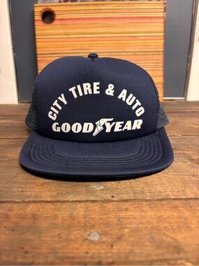 Vintage 90s Goodyear City Tire & Auto Trucker Style Hat Cap Navy Adjustable